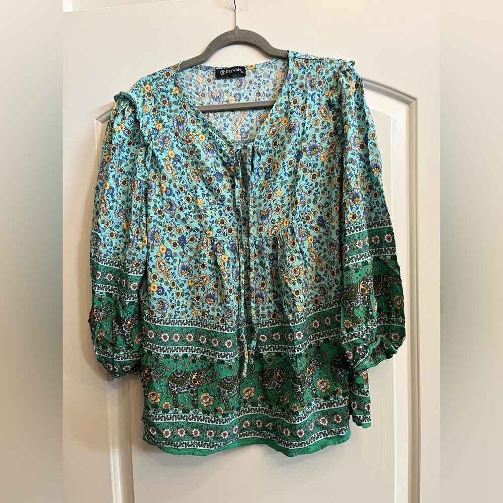 Blue and Green 3/4 Sleeve Tie Front Blouse